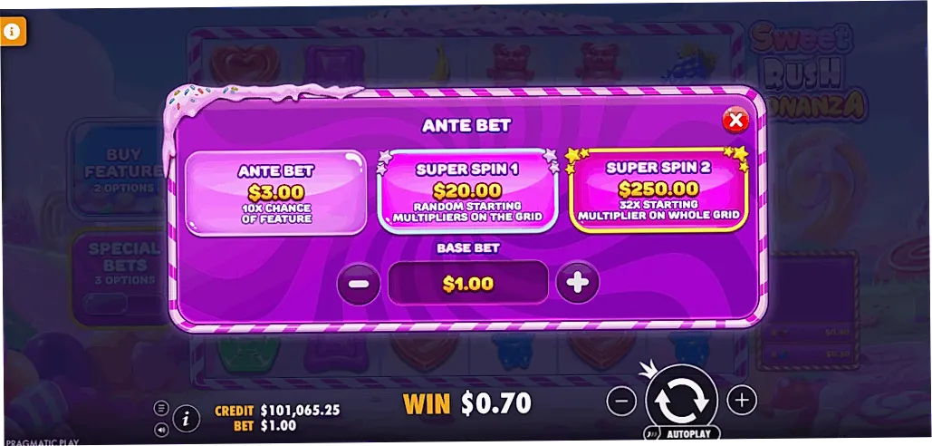 Sweet Rush Bonanza special bet options