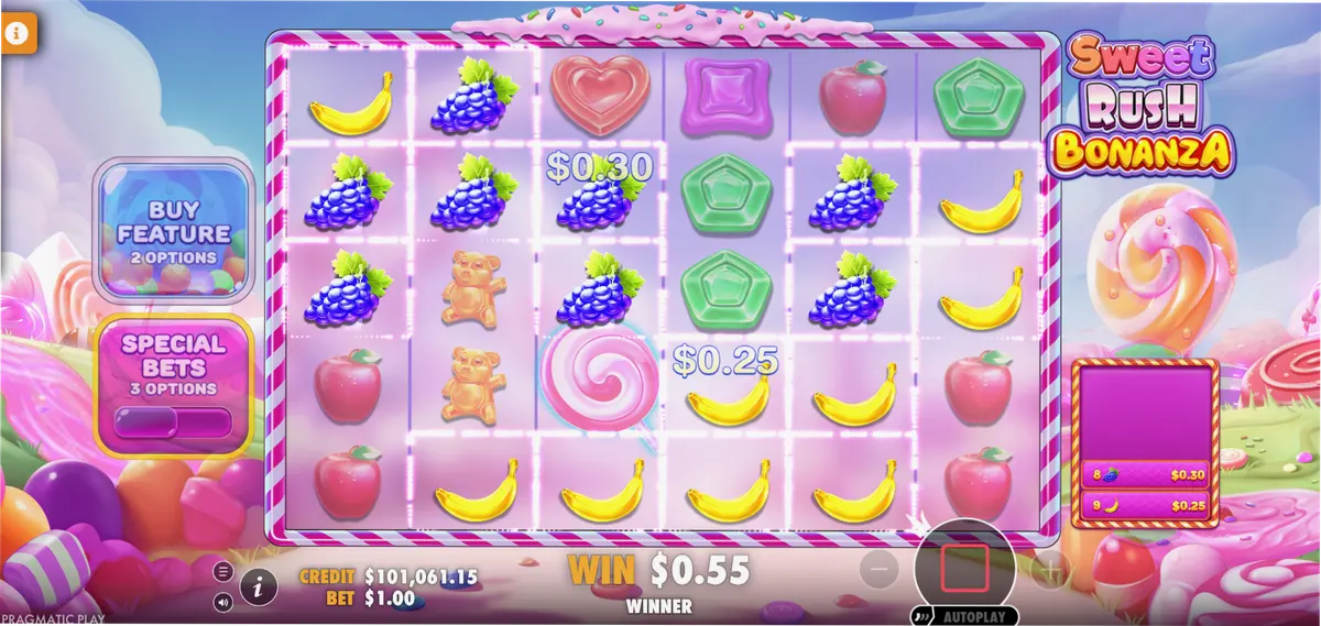 Sweet Rush Bonanza wins with 8+ symbols on grid