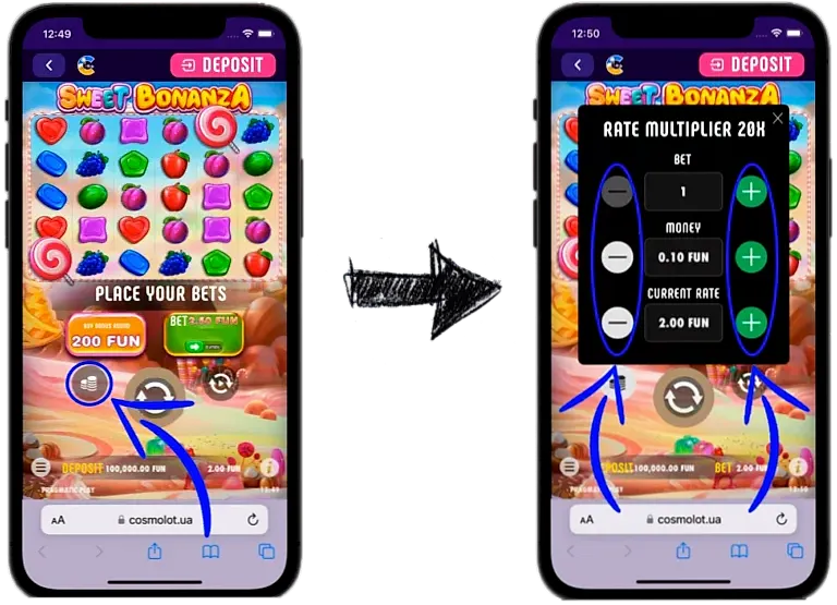 Sweet Bonanza bet size controls